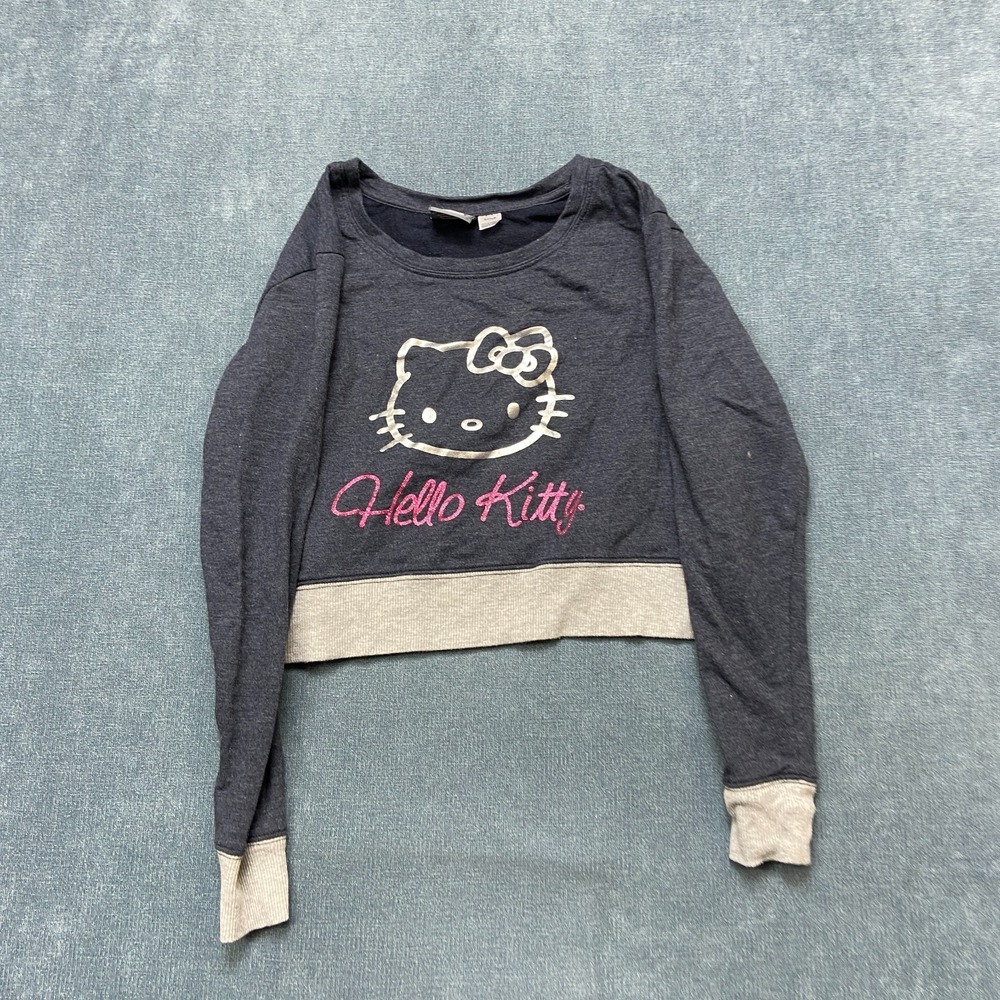 Hello Kitty Pajama Top Womens Small Gray Cotton Round Neck Long Sleeve Pullover